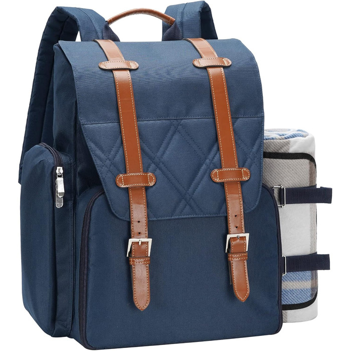 Рюкзак для пікніка на 4 особи з великою ізольованою сумкою-холодильником, набором кошика для пікніка з сумкою для вина, водонепроникною ковдрою для пікніка та набором столових приборів. Ідеально підходить для кемпінгу, весільний подарунок для пар, синій.