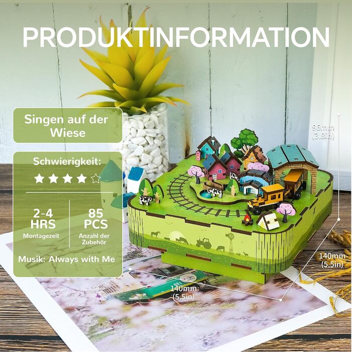 Музична скринька Tonecheer Дерев'яний 3D-пазл, набір моделей для сім'ї котів своїми руками для дорослих, обертова музична шкатулка, дерев'яні пазли Подарунки для прикраси будинку Подарунок на день народження Різдвяний підліток (співає на лузі)