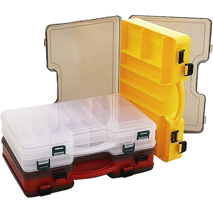 Двосторонній ящик для рибальських снастей, пластиковий ящик для рибальських снастей, ящик для зберігання рибальських аксесуарів з відділеннями, водонепроникний портативний ящик для рибальських аксесуарів для любителів риболовлі (29Д x 19Ш x 5,8В см, жовти