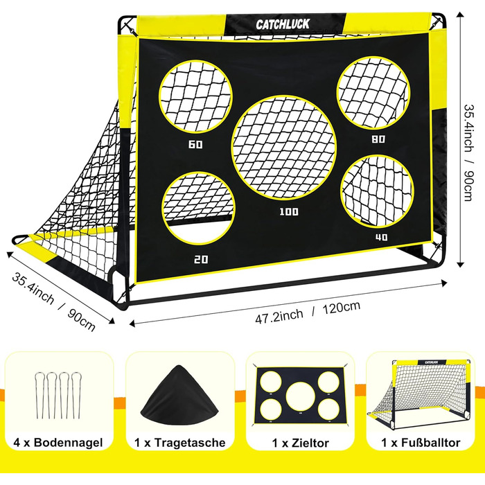 Футбольні ворота для саду, дитячі футбольні ворота 2 в 1, висувні футбольні ворота з лунками для ударів та сумкою для перенесення, кілки для землі, покращення - жовті - 120x90x90