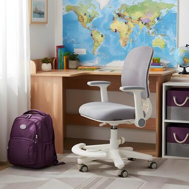 Дитяче письмове крісло Spacetronik - Ергономічне дитяче письмове крісло з 6 колесами, регульованими підлокітниками, підставкою для ніг, регульованим по висоті сидінням - 4-15 років, регульована підставка для ніг, 6 колесів, сірий