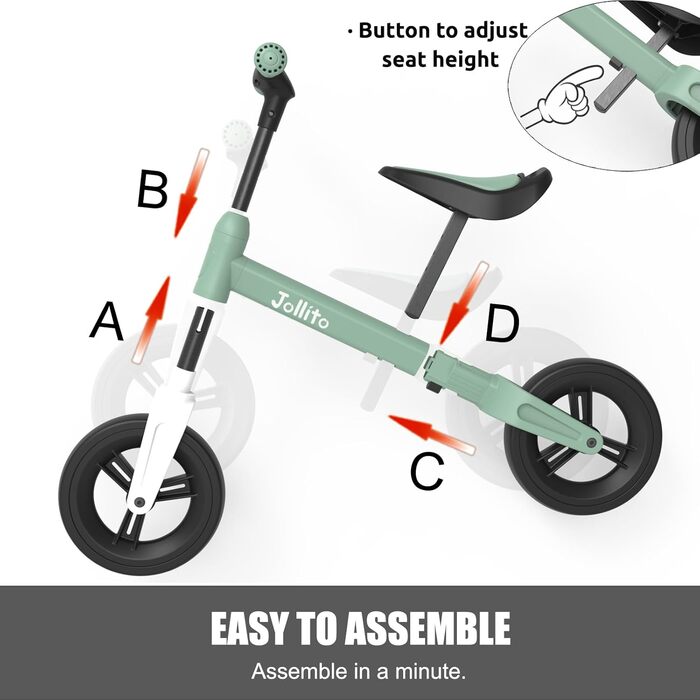 Дитячий велосипед JOLLITO, дитяча велосипедна іграшка для подарунків дівчаткам і хлопчикам 18-48 місяців, легкий тренувальний вело
