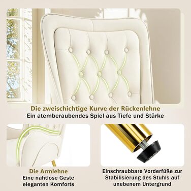 Крісло Hellove з відкидною спинкою та золотистими металевими ніжками, розкішне шкіряне крісло-реклайнер для вітальні, зручне крісло для туалетного столика, м&39яке крісло, крісло для читання, крісло для відпочинку для вітальні/спальні, бежевий колір, комп