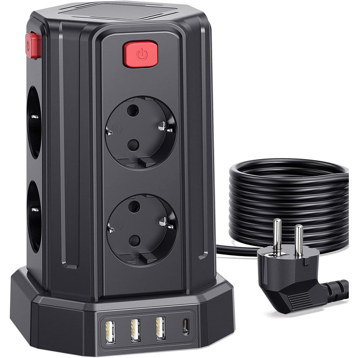 Подовжувач з 4 USB, Sameriver 8 відсіків з декількома розетками, захист від перенапруги, розетка з вимикачем, подовжувач 3M, розет