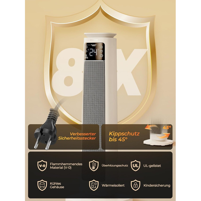 Енергозберігаючий вентилятор-обігрівач, керамічний вентилятор-обігрівач PTC потужністю 2000 Вт, тиха робота, режим ECO для низького енергоспоживання, пульт дистанційного керування, таймер, захист від перегріву та перекидання, електричний обігрівач для дом