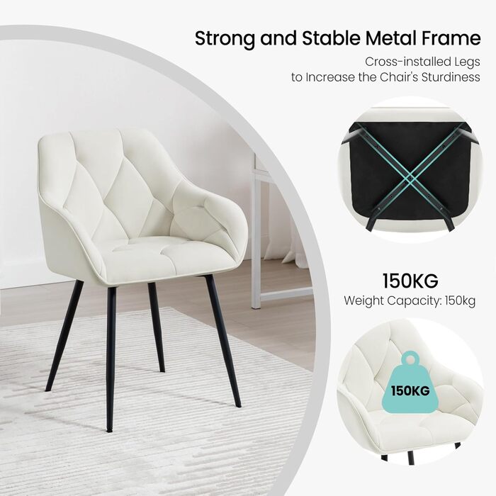 Обідні стільці WOLTU, комплект з 2 шт. , для їдальні та вітальні, ергономічні кухонні стільці, оббиті підлокітниками, металеві ніжки, оксамитове сидіння, кремово-білий колір, комплект з 2 шт.
