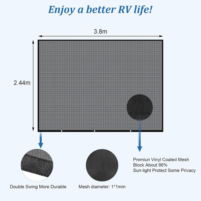 Сонячний тент для автофургона, вітропроникна передня панель 2,44 м x 3,8 м для тенту, універсальний екран для забезпечення конфіденційності з повним комплектом, захист від сонця 86, захист від вітру та дощу