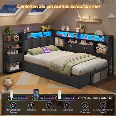 Дитяче ліжко DICTAC 90x200 см з 6 шухлядами, світлодіодним освітленням та зарядною станцією Багатофункціональний диван-ліжко з вбудованою тумбочкою та прихованим місцем для зберігання в узголів&39ї (чорний) 90x200 см