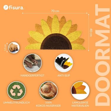Килимок для вулиці з кокосом та соняшником з нековзною ПВХ-основою. Веселий килимок для привітання. Ручний розпис. Розмір 70 см x 40 см x 1,5 см. Жовтий.