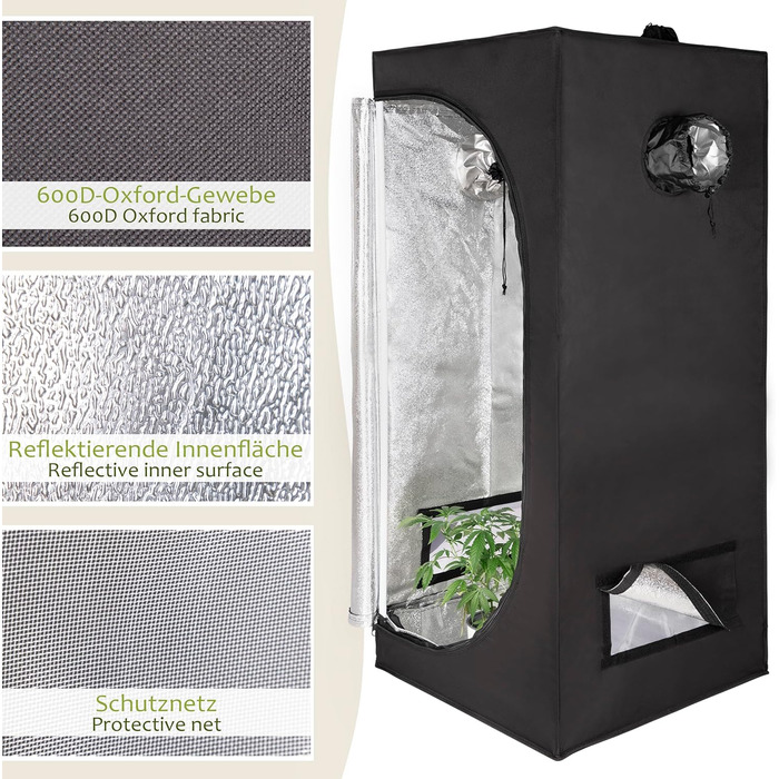Гроубокс для вирощування рослин 90 x 90 x 180 см світлонепроникний з 5 входами з водонепроникним піддоном легкий у збиранні для вирощування в приміщенні