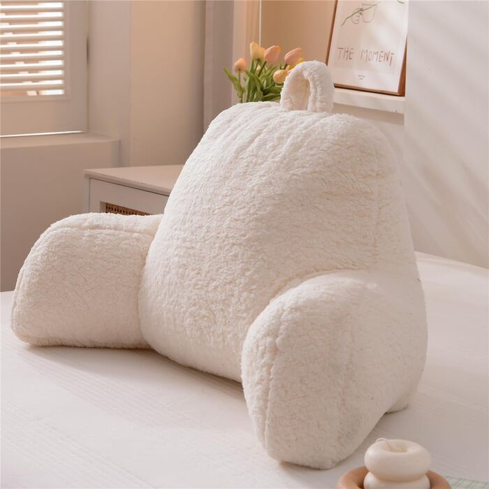 Подушка для читання NTBED Sherpa для ліжка, спинка з підлокітниками, подушка для дитячого та дорослого ліжка, підтримка спини для сидіння в ліжку, подушка для крісла (біла, велика) кольору слонової кістки, велика