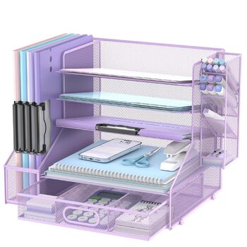 Настільний органайзер SUPEASY з тримачами для файлів, 5-ярусний сітчастий органайзер для лотків для листів з тримачем для ручок та шухлядою, настільний органайзер та місце для зберігання з 3 похилими сортувальниками файлів, фіолетовий