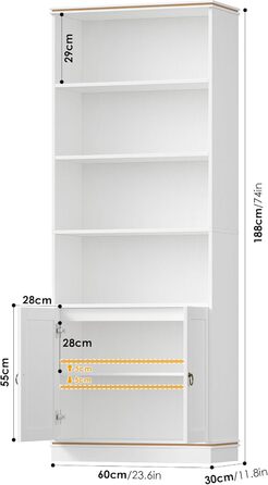 Книжкова полиця HOCSOK заввишки 188 см, окремостояча полиця з 7 полицями, книжкова шафа з натуральною деревною текстурою, полиця для зберігання речей для кабінету, офісу, вітальні, 1886030 см, білий
