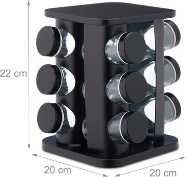 Підставка для спецій Relaxdays з 12 баночками для спецій, що можна багаторазово наповнювати, зі вставкою-шейкером, обертовою каруселью для спецій, нержавіюча сталь, чорна