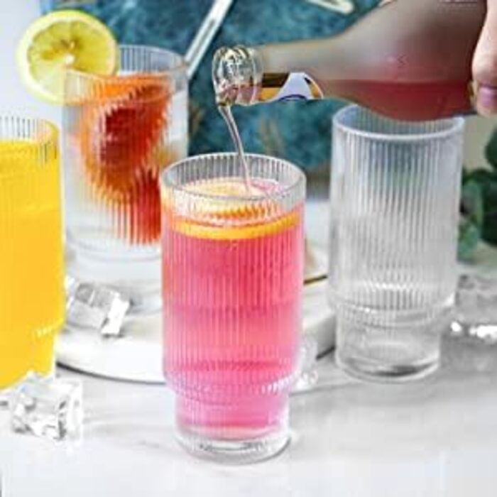 Набір рифлених келихів MUJUZE зі скляною соломинкою, 6 склянок для води Стековий естетичний скляний набір 310 мл Highball, скляні