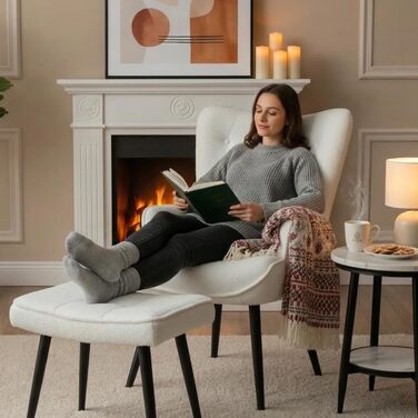 Крісло CLEVICH з підніжкою - Затишне крісло для відпочинку з підніжкою, крісло для читання, крісло з тканини Тедді для вітальні та спальні - До 168 кг, Біле