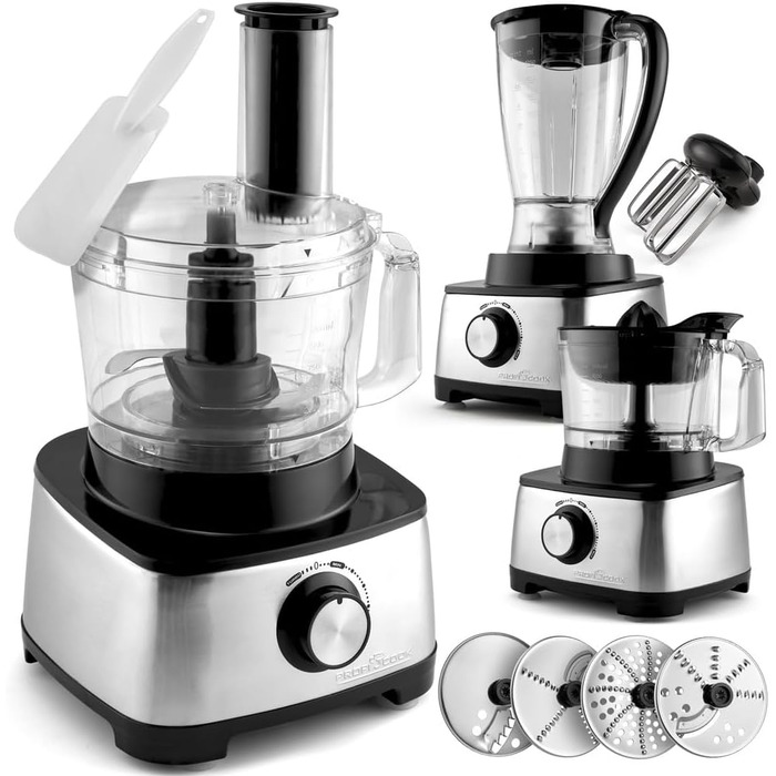 Кухонний комбайн ProfiCook 3в1 Блендер, кухонний комбайн і соковижималка 1200 Вт для нарізки, натирання та замішування Отвір для наповнення Безступінчаста швидкість в т.ч. 11 аксесуарів ПК КМ 1063