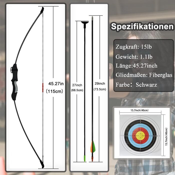 Лук і стріли для підлітків — набір для початківців (композитна рукоятка, скловолокняні плечі)