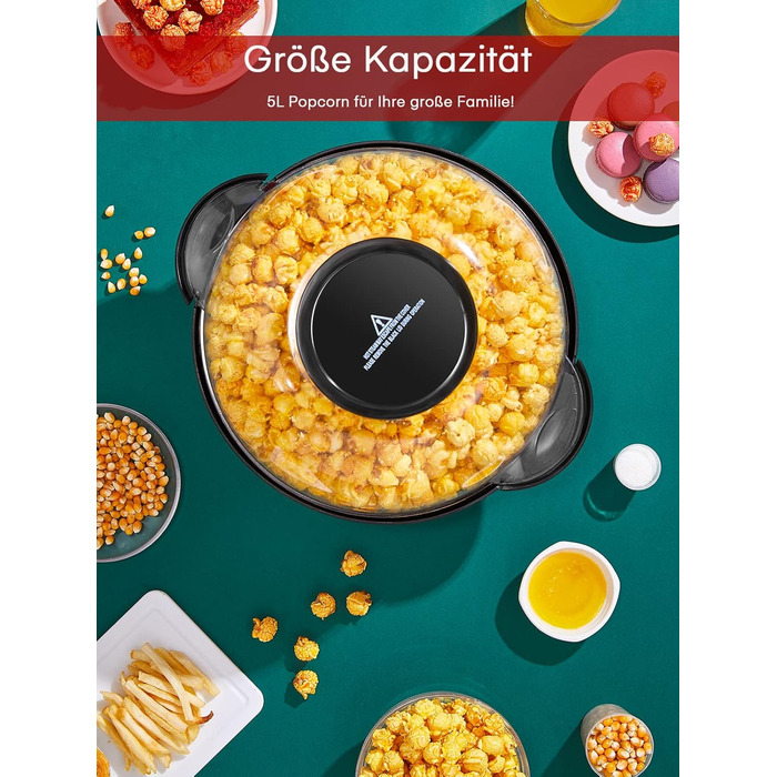 Машина для попкорну FOHERE, 5.5-літрова машина для дому, машина для попкорну з цукром, олією, маслом, антипригарним покриттям і знімною нагрівальною поверхнею, тиша та швидкість, велика кришка як миска для подачі червона