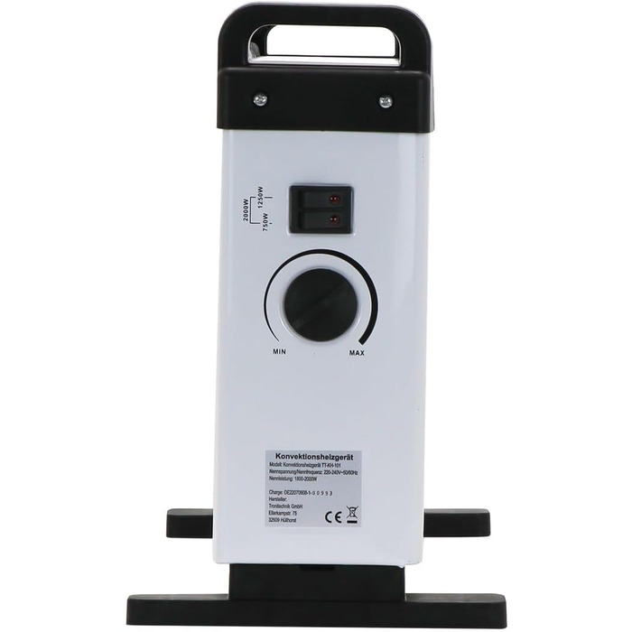 Електричний конвектор-радіатор Tronitechnik з 3 рівнями потужності 750/1250/2000 Вт, портативний з ручкою для перенесення та термостатом, захист від перегріву, окремостоячий, білий KH-101 2 кВт