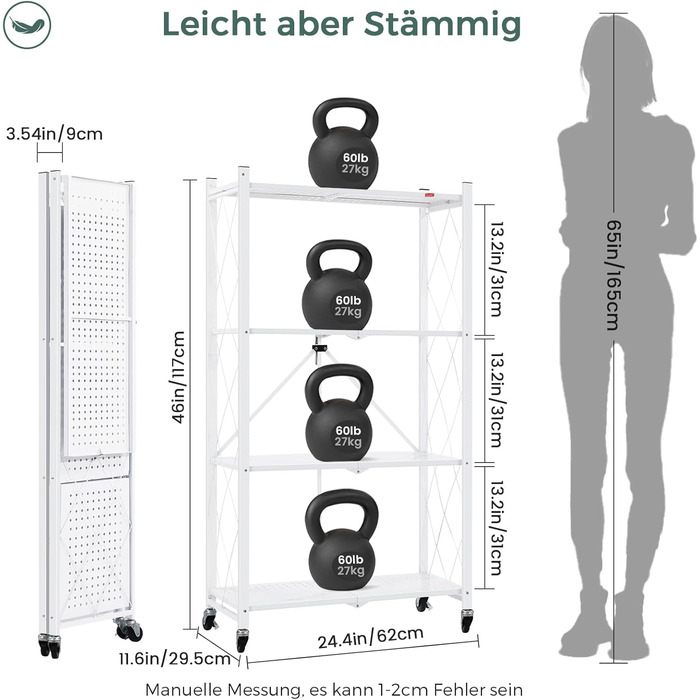 Складана полиця DEANIC, 4-рівнева книжкова полиця, кухонні полиці на колесах, металева полиця для вітальні, комора (61 x 116 x 28 см, білий) білий 4 яруси