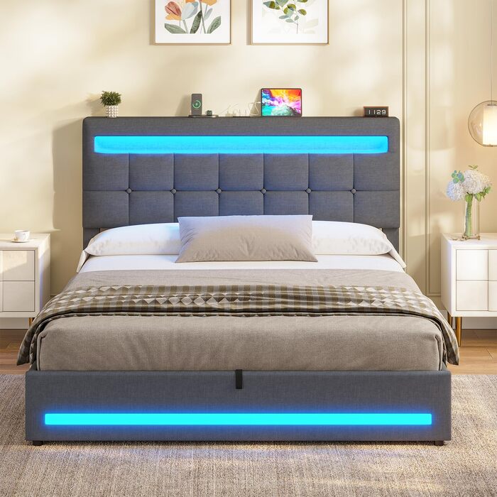 М&39яке ліжко AOGLLATI 140 x 200 зі світлодіодним освітленням та зарядною станцією, каркас ліжка з регульованим по висоті узголів&39ям та місцем для зберігання, гідравлічне ліжко 140 x 200 см, рейкова основа, льон, без матраца, темно-сірий 140 x 200 см те