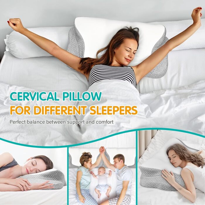 Подушка з піни з ефектом пам&39яті, подушка для шиї, подушка для голови, ергономічна подушка для підтримки шиї, подушка для сну на боці, спині та животі, 62x49/12 см, білий/сірий