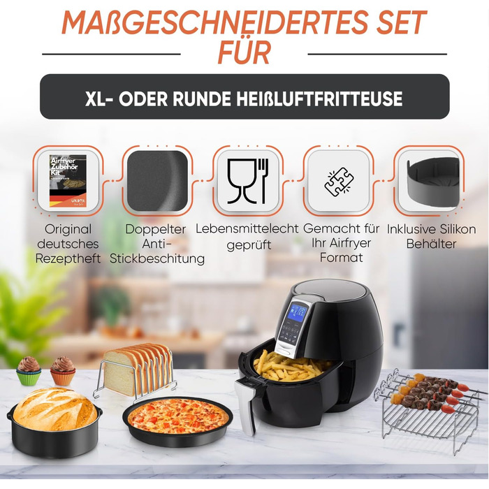Аксесуари для фритюрниці UNBOX, аксесуари для круглої фритюрниці з 17 предметів для мультипечі XL, COSORI 4.7 л, Philips 6.2 л, Tefal 4.2 л, діаметр 20 см - з силіконовою формою та круглими аксесуарами книги рецептів