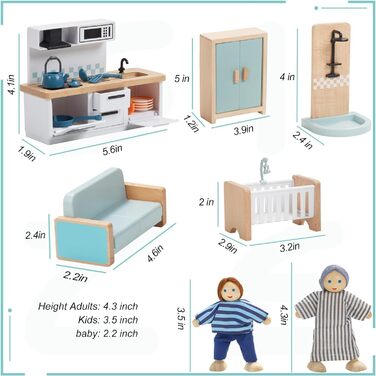 Набір меблів для лялькового будиночка "Гігантська квасоля", дерев&39яний, 36 предметів з 4 сімейними ляльками, аксесуари для ляльок, іграшка для хлопчиків, дівчаток та малюків від 3 років