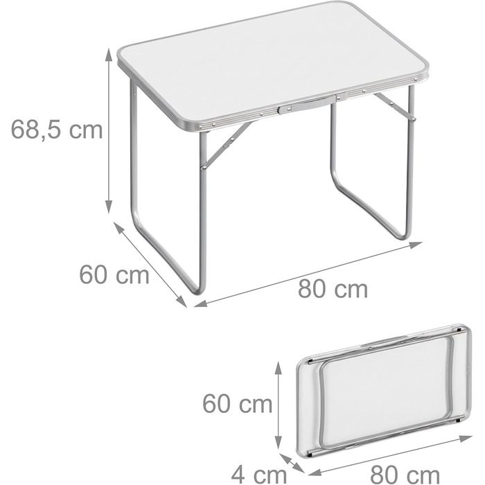 Стіл для кемпінгу Relaxdays, складний бічний столик, HBT 68,5 x 80 x 60 см, кемпінг та пікнік, складний стіл з алюмінію, білий