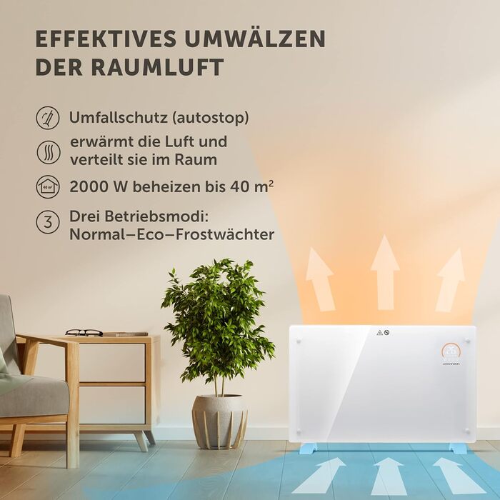 Електричний обігрівач Aurora з термостатом Розумне опалення дому Енергозберігаюче електричне опалення Електричний радіатор Конвекторний обігрівач 2000 Вт Тихіший за вентиляторний обігрівач Білий