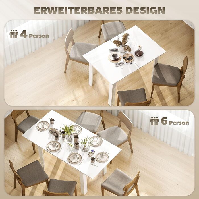 Розсувний обідній стіл HOMCOM 120-160 x 80 см Кухонний стіл для 4-6 осіб Сучасний обідній стіл для кухні, їдальні, білий глянець