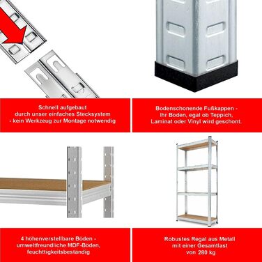 Полиця, міцна металева полиця для підвалу, надміцна полиця, полиця для зберігання, що вставляється в розетку, легко збирається, оцинкована, 4 полиці розміром 150 x 75 x 30 см, вантажопідйомність 280 кг 1 полиця - 150 x 75 x 30 см, 1