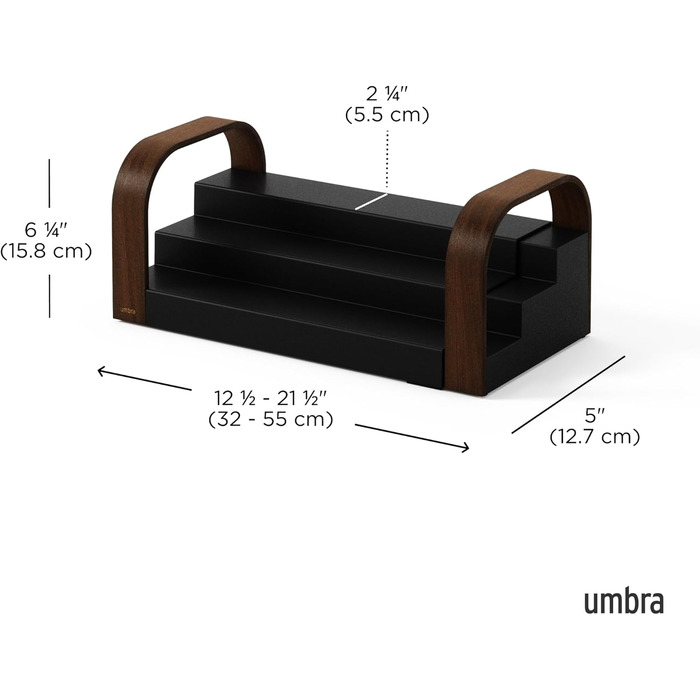 Трирівнева підставка для спецій Umbra Bellwood, розширювана кухонна підставка-органайзер виготовлена з міцного пластику та дерева, чорний/горіховий колір