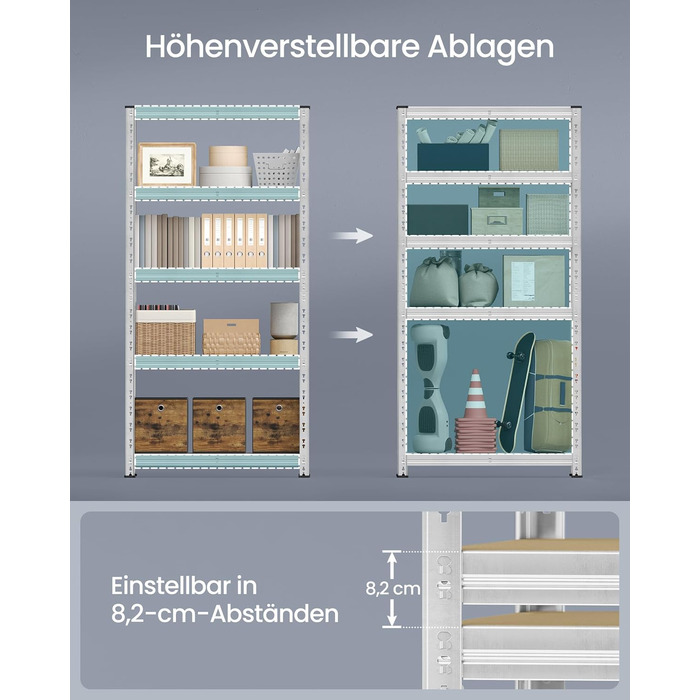 Надміцний стелаж, комплект з 2 шт., полиці для підвалу, 40 x 90 x 180 см, вантажопідйомність до 875 кг, легке складання, полиці для зберігання, регульовані полиці, сріблястий GLR455E01 Комплект з 2 шт. (180 x 90 x 40 см)