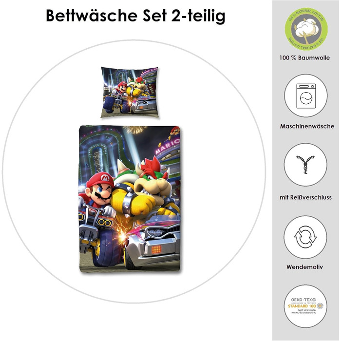 Дитячий двосторонній комплект постільної білизни Super Mario Kart - Постільна білизна для хлопчиків 135x200 80x80 см з 100 бавовни