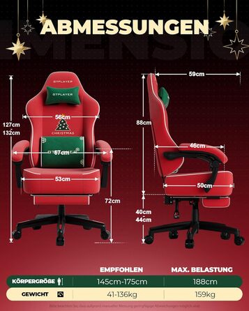 Ігрове крісло GTPLAYER з різдвяним мотивом, ігрове крісло з підставкою для ніг, надзвичайно широке сидіння, з пір&39яною подушкою, вантажопідйомність 150 кг для великих та сильних людей Оксамит
