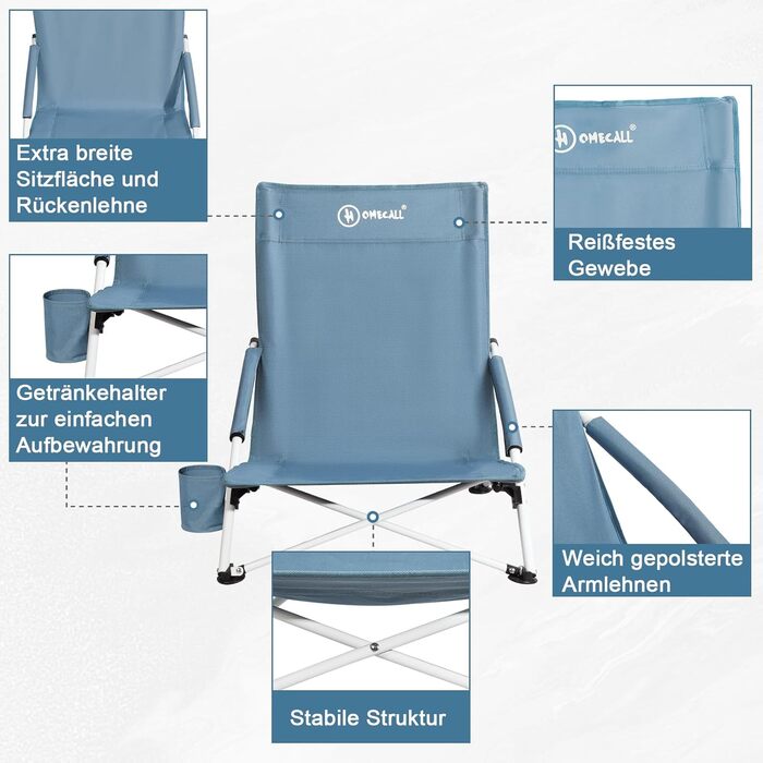 Складане пляжне крісло Homecall, легке складне пляжне кемпінгове крісло, низька висота зі зручною спинкою та м&39якими підлокітниками - складні пляжні крісла, витримує до 120 кг, 1 крісло