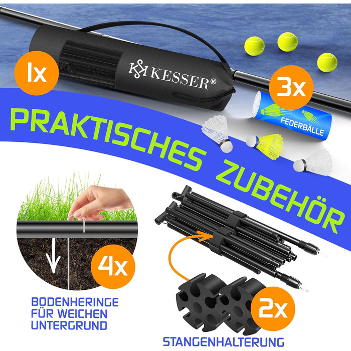 Сітка для бадмінтону KESSER, сітка для тенісу Сітка для волана з регулюванням висоти у 3 напрямках 107/120/155 см, комплект включає сітку, 3 волани та 3 тенісні м&39ячі, сумку для перенесення, міцну залізну раму, для використання в приміщенні та на вулиці