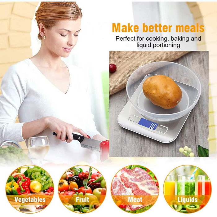 Кухонні ваги GRIFEMA з нержавіючої сталі, високоточні цифрові ваги 1г-5000г з РК-дисплеєм, функція тари, 6 одиниць вимірювання, ба