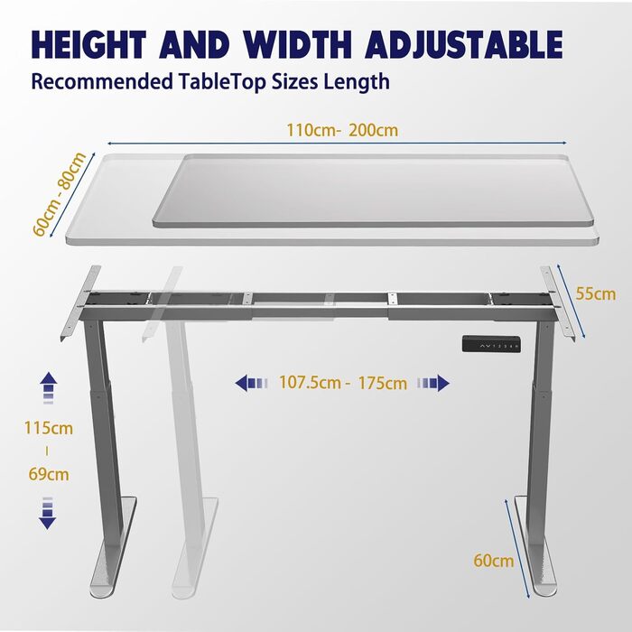 Каркас столу AIMEZO з регулюванням висоти та 2 двигунами, електричне регулювання висоти каркасу столу, захист від зіткнень та функція пам&39яті, сірий