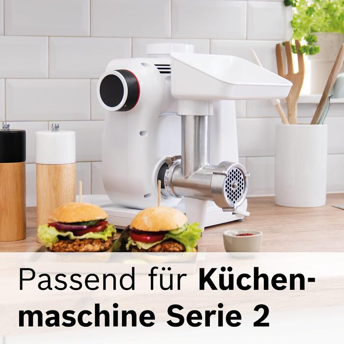 М'ясорубка Bosch MUZS2FWW для кухонних комбайнів серії 2 з проштовхувачем, перфорованим диском із нержавіючої сталі 4,5 мм, підходить для риби та овочів, легке очищення