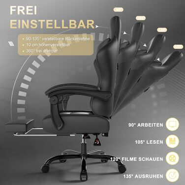 Геймерське крісло, офісне крісло з підставкою для ніг, ергономічне крісло з регульованою спинкою 90-135, вантажопідйомність 150 кг, чорний колір