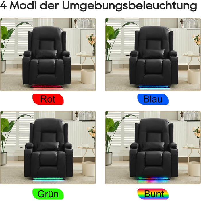 Крісло для телевізора з розкладним підйомником, масажне крісло з електрорегулюванням, функцією відкидання та підставкою для ніг, крісло для телевізора зі штучної шкіри з функцією підігріву, крісло для кінотеатру зі світлодіодним підсвічуванням/USB для віт