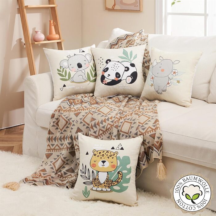 Високоякісна бавовна Дитячі наволочки 40х40 (набір 4) Чарівні тваринні мотиви Носоріг Леопард Панда Коала Німецька якість Стильне