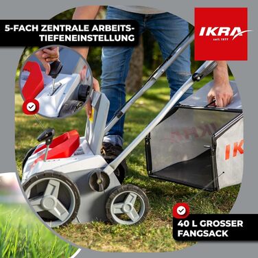 Аератор газону IKRA Elektro IEVL 1838, мішок для збору трави 40л, ширина захвату 38см, регульована глибина обробки, потужність 1800 Вт