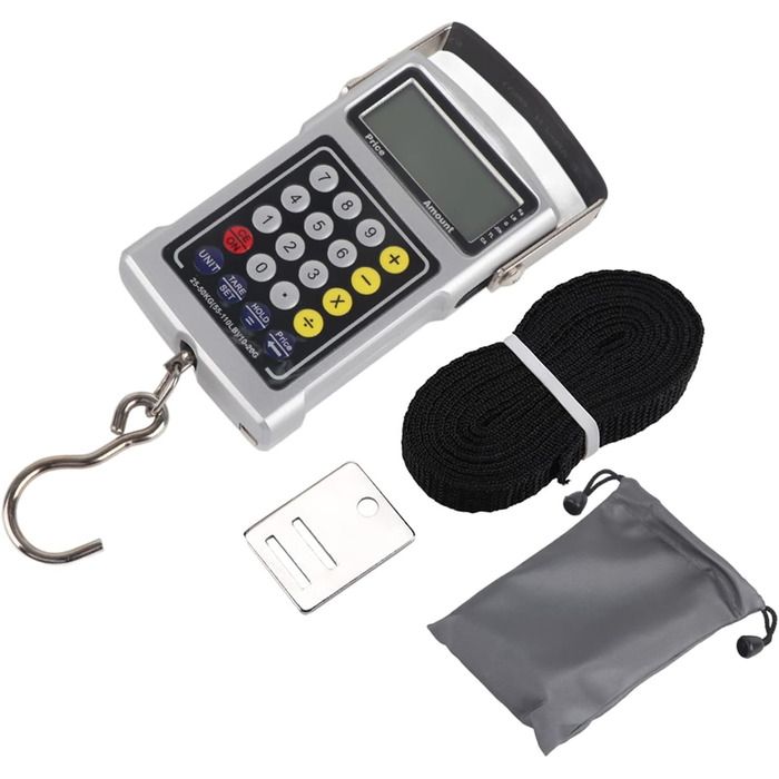 Електронні ваги для рибальських гачків, цифрові підвісні ваги, місткість 50 кг, з підсвічуванням РК-дисплея, 7-дюймовий багатофункціональний пристрій для риболовлі, подорожей, використання, включає температурний годинник, калькулятор, кран