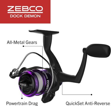 Котушка для спінінгу Zebco Dock Demon або Spincast та вудка, міцне скловолокно 76,2 см, комбінована котушка для спінінгу Quickset Anti-Reverse - фіолетова