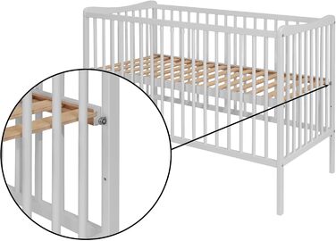 Дитяче ліжко 120x60 см Біле, протестовано на відповідність EN 716, дитяче ліжко з бука, регульована по висоті рейкова основа, 3 знімні перекладини