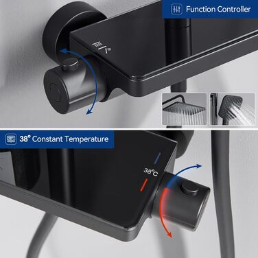 Душова система Lonheo чорна з термостатом, повний комплект душової арматури зі скляною полицею, тропічний душ з арматурою та душовою лійкою 30X19 см, ручний душ з 3 типами струменя, регульована висота 88-124 см